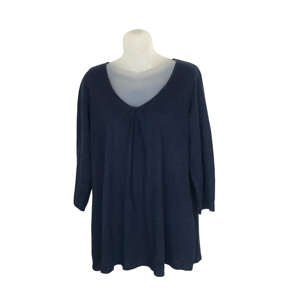 Eileen Fisher Navy Blue 100% Linen 3/4 Sleeve Tunic Top Size M